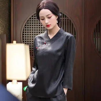 2022 Китайска Реколта Блуза Дамски Ежедневни С V образно Деколте Традиционна Риза Тан Класическа Блуза Ретро Топ Ципао Риза Ципао в Китайски Стил