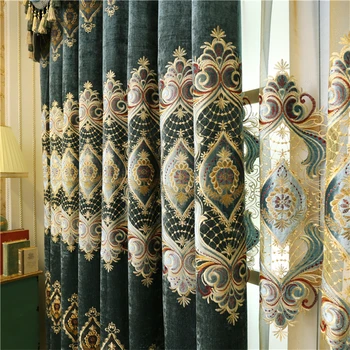 Европейските висококачествени пердета от шенилна със зелена бродерия за прозорци, за хол, класически елегантни и луксозни пердета за спалня