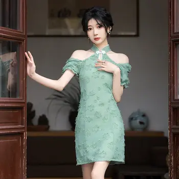 Жена Шифоновое рокля в Зелен цвят Рокля 2022 Женски Лятното Зелено Кратко Подобряване на Китайското рокля в китайски стил Modern Qipao