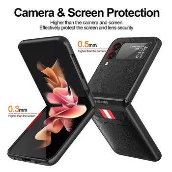 Слотове за Карти за Калъф за Телефон Samsung Galaxy Z Flip 3 5G Flip3 Z3 с Шарени Личи Луксозен Кожен устойчив на удари Бизнес Z Калъф Flip 3