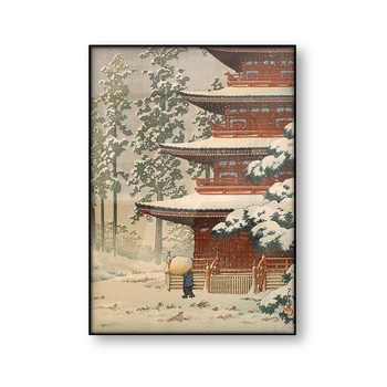 Храм Сайшоин в Снега Хиросаки Кавасе Хасуи Ретро Японски Художествен Плакат с Надпис върху Платно Укие Стенно Изкуство, Начало Декор Подарък